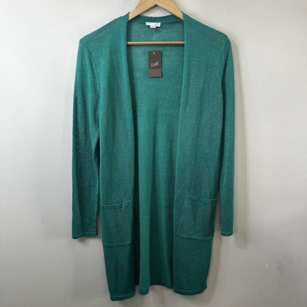 J Jill Linen Blend Cardigan XS Sweater Lagoon Green Open Front Long Sleeve NWT